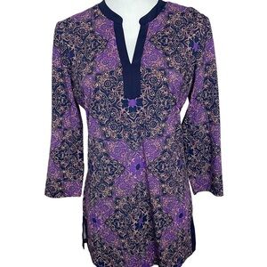 J. McLaughlin Catalina Cloth Boca Print Tunic 3/4 Sleeve Purple and Blue Size M